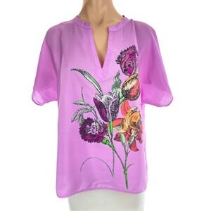 New York & Co Blouse Size S Light Purple Multi-Color Flowers Short Sleeve V-Neck
